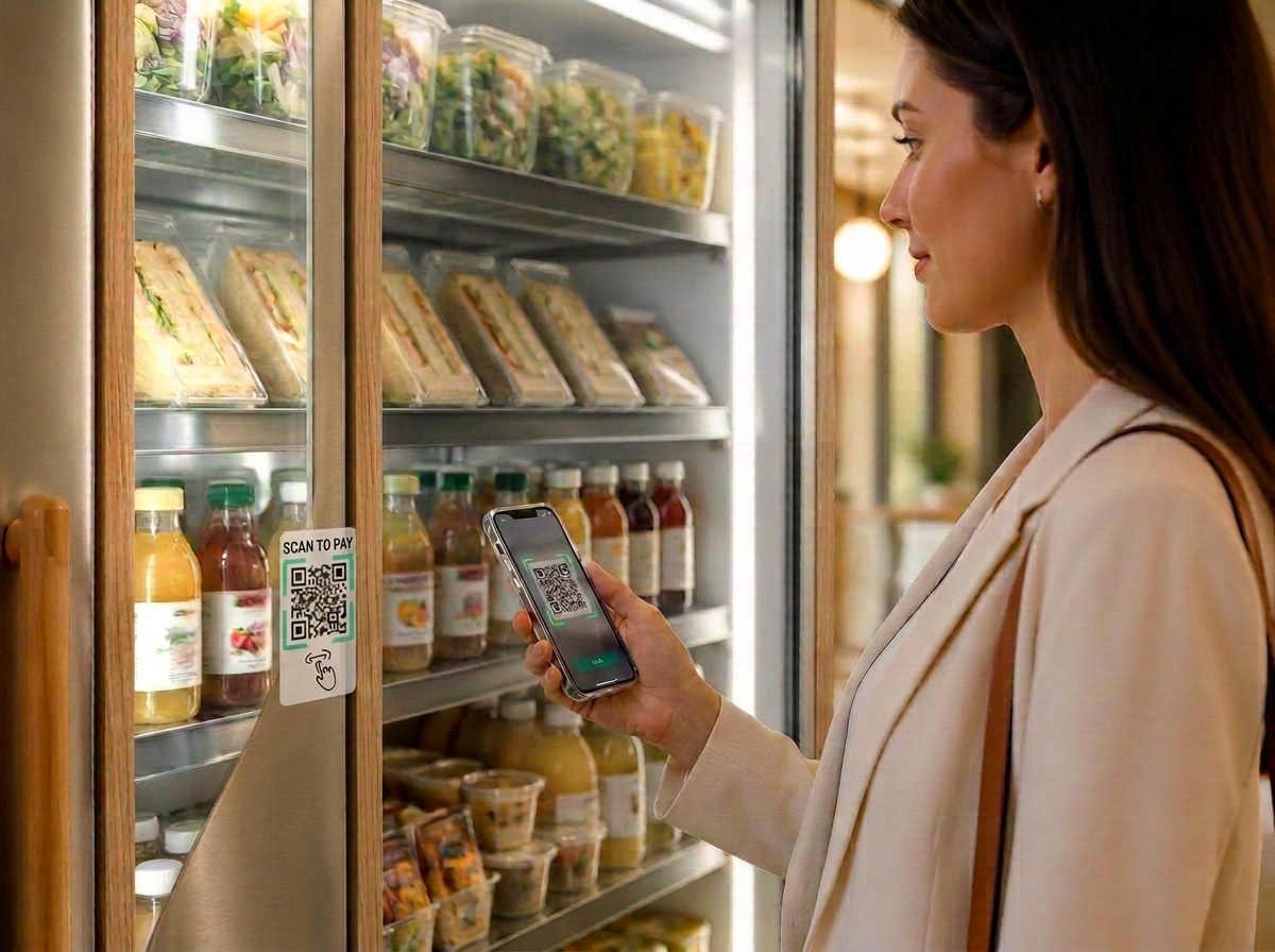 Employee tapping a card to check out at an AI-powered smart vending cooler
