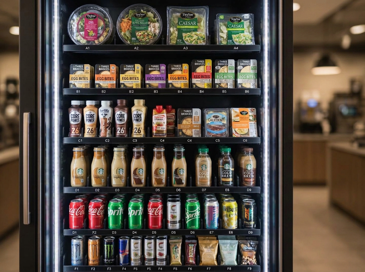 Interior of AI vending cooler stocked with fresh salads, sandwiches, protein snacks and cold-pressed drinks